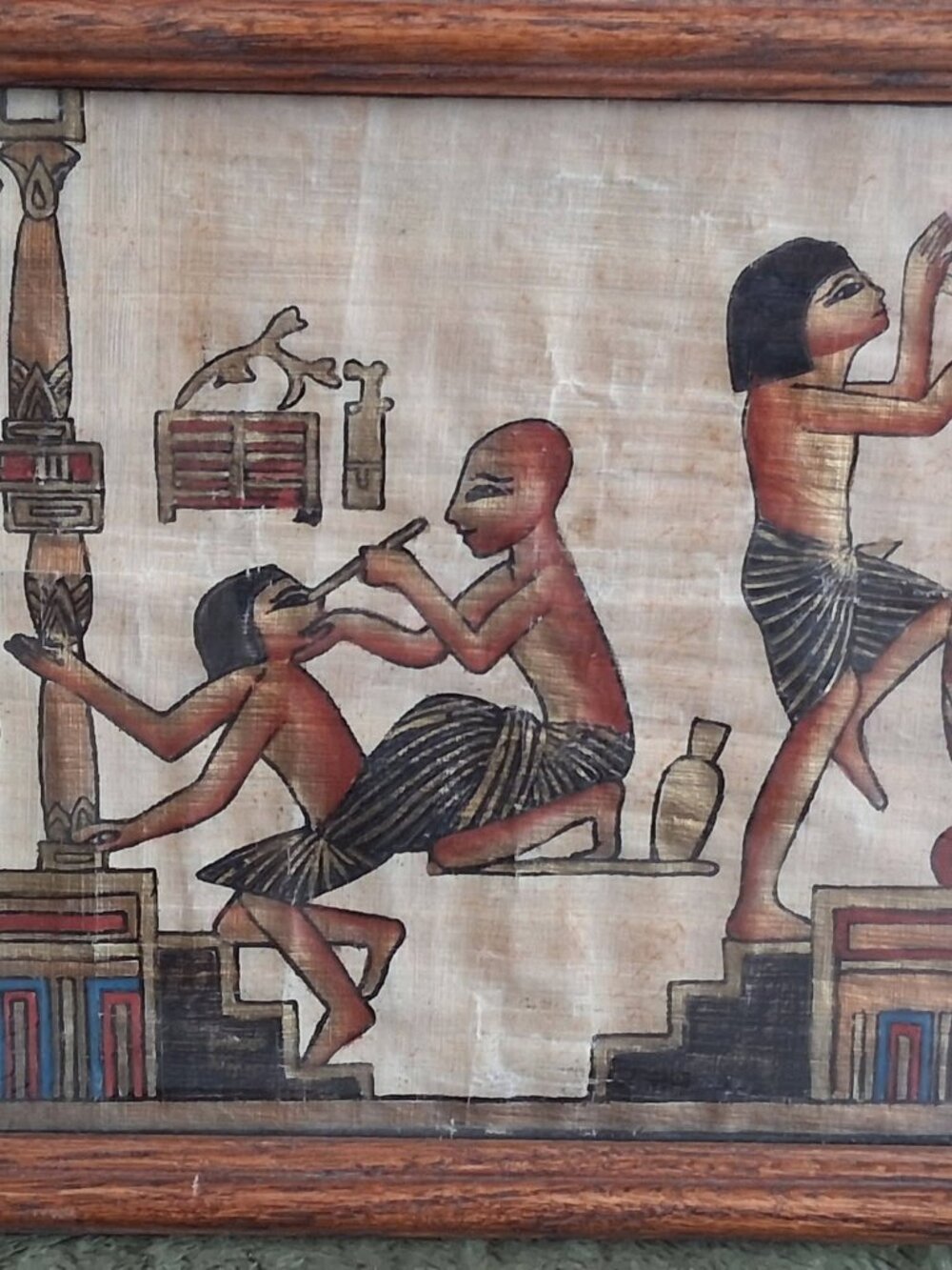 Vintage Framed Egyptian Papyrus Art Painting - Ancient Medical & Craftsmen Scene